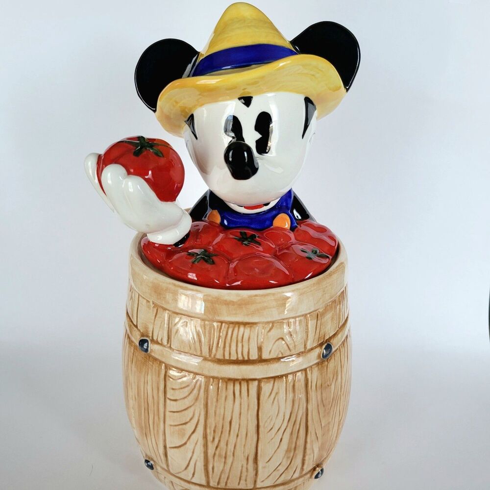 Homegrown Mickey Tomato Farmer Cookie Jar Barrel Treasure Craft Vintage Disney